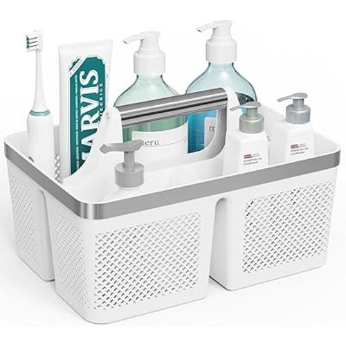 Plastic Shower Caddy Dorm: Portable Bathroom Caddy Organizer with Handle and Holes, Cleaning Basket, Hard Shower Basket Storage Tote for Toiletry, College Dorm Room Essentials White/Silver