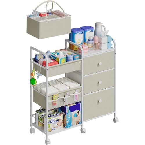 2In1 Baby Diaper Caddy Organizers and Storage, 3 Tier Rolling Cart with Dividers and Drawers, Mobile Utility Cart Baby Dresser Clothes Organizer for Changing Table, Crib Nursery, Bedroom