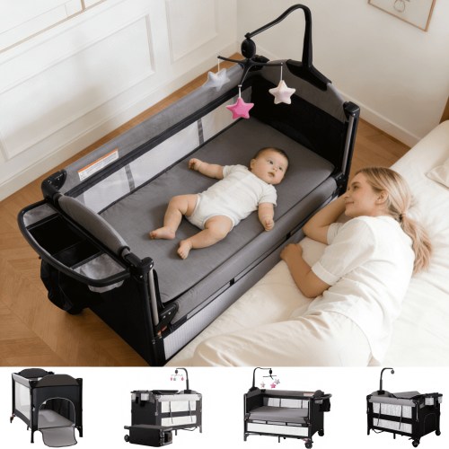 Baby Play Yard 7 in 1 Nursery Center Portable Folding Baby Playpen with Bassinet,Changing Table,Wheels,for Newborn,Four-Panels,Unisex