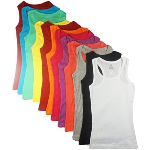 Studio 3 12 Pieces Pack Women's Ribbed 100% Cotton Tank Tops-Assorted Color