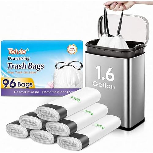 1.6 Gallon 96 Counts Small Drawstring Trash Bags by Teivio, Fit1.2,1.3,1.5 Gallon Bathroom Trash Can Bin Liners, 5-6 Liter Small Plastic Garbage Bags for home office kitchen, White