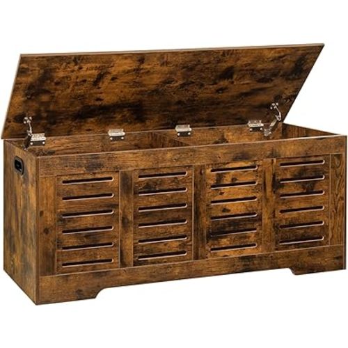 DINZI LVJ Storage Chest, 47.3” Wooden Toy Box with 2 Safety Hinges, Retro Entryway Shoe Storage Bench with Flip-Top, Sturdy Large Storage Trunk for Living Room, Bedroom, Easy Assembly, Rustic Brown