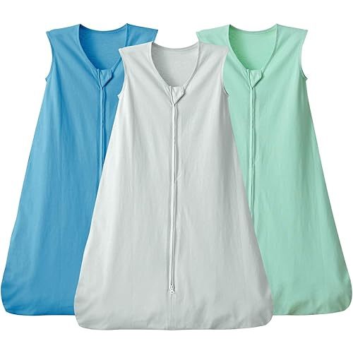 david's kids 3 Pack 100% Cotton Baby Sleep Sack 0-6 Months, Soft Baby Wearable Blankets with 2-Way Zipper, Comfy Sleeping Bags for Infant Newborn Boys Girls Neutral, Small Size, Grey & Blue & Green