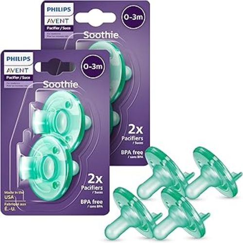 Philips Avent Soothie Orthodontic Baby Pacifiers, 100% Silicone Pacifiers, One Piece, BPA-Free, For Babies 0-3 Months, Green, 4 Pack, Model SCF190/41