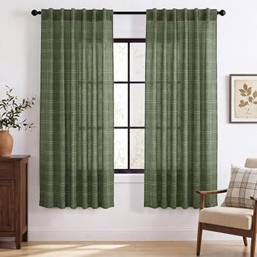 RYB HOME Olive Green Plaid Curtains 72 Inches Long - Light Filtering