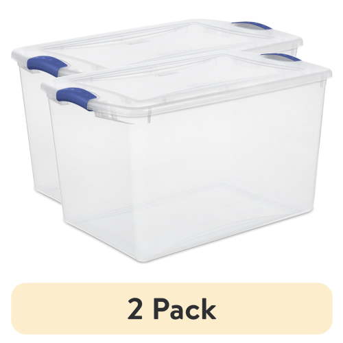 (2 pack) Sterilite Large Storage Bin, 66 Quart Clear Plastic Storage Container with Latch Lid, Blue Latch