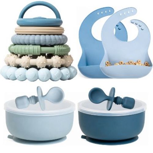 Silicone Baby Feeding Set, Suction Bowls with Lids and Spoons, Waterproof Baby Bibs, Stacking Teether Toys, BPA Free Baby Shower Kit for 0-6 Months