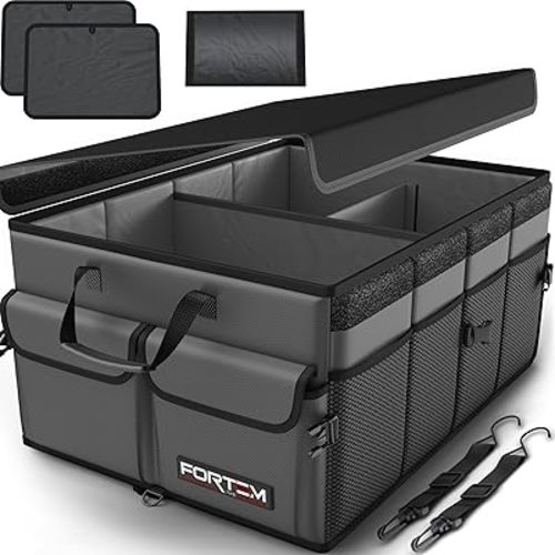 FORTEM Car Trunk Organizer, Collapsible Multi Compartment SUV Organizer, Foldable Storage for Car Accessories for Women Men, 600D Oxford, Non Slip Bottom, Securing Straps, Soft Cover (65L)