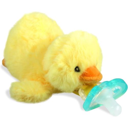 RaZbaby Duck RaZbuddy Stuffed Animal Pacifier Holder for Newborns & Up, Made in The USA, Detachable Orthodontic JollyPop Pacifier, Medical-Grade 100% BPA-Free Silicone, Baby Shower -0 Months+