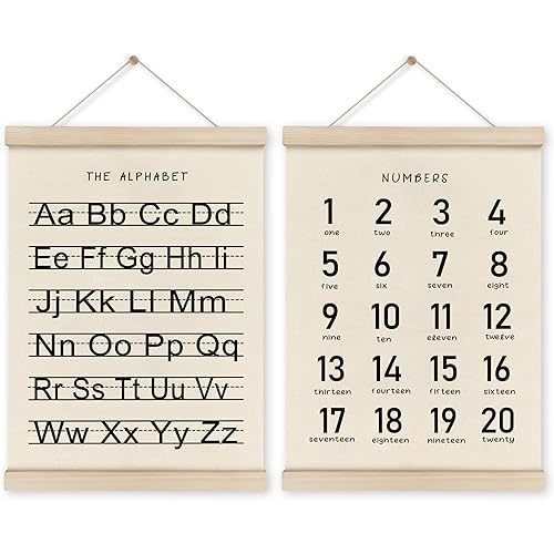 HRQKO Alphabet Numbers Poster Hanger Frame Set of 2, Nursery Wall Decor, Black ABC Poster Wall Art with Wooden Frames, Alphabet Banner Wall Hanging Decor for Boy Toddler Room Playroom, 12x16 Inch
