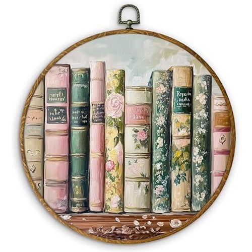 DILSJ Vintage Pastel Book Round Wall Art Decor, Book Lover Bookish Canvas Wall Art Framed, Bookworm Hanging Decorations for Reading Room Nook Corner Library Classroom, 10x10 Inch