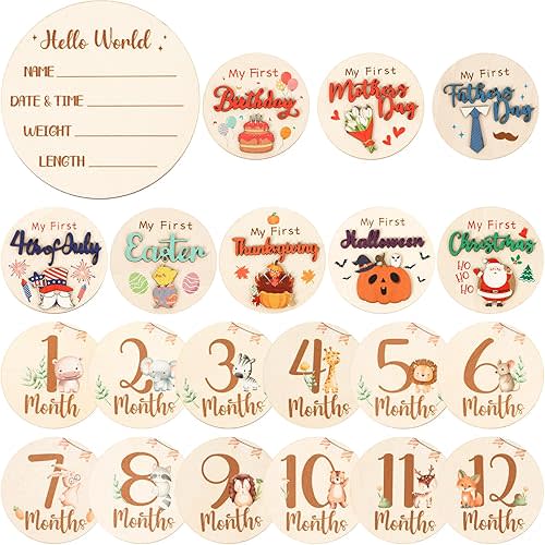 Monthly Baby Milestone Signs, 11PCS Wooden My First Holiday Milestone Cards Newborn Gift, Baby Announcement and Hello World Newborn Sign