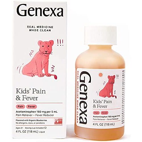 Genexa Children's Acetaminophen Oral Suspension, for Children 2 - 11 Years Old, Temporarily relieves Pain and Fever Symptoms, 160 mg per 5 mL- Organic Blueberry Flavor 4oz