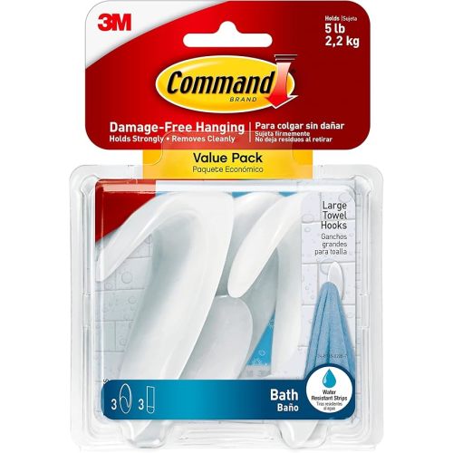 Command Bath Large Towel Hook Value Pack, Clear Frosted, 3-Large Hooks, 3-Water-Resistant Strips, Organize Damage-Free