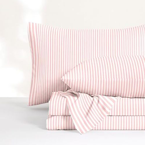 Wake In Cloud - Striped Bed Sheets, 4-Piece Sheet Set, Ticking Vertical Pin Stripe Modern Farmhouse Pattern Printed Bedding, Deep Pocket, Pink White, Full Size