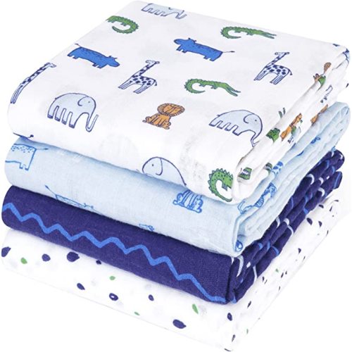 david's kids 4 Pack Baby Muslin Swaddle Blankets, 100% Cotton and Ultra Soft Breathable Receiving Blanket Wrap for Boys Girls, New Born Essentials, Large 47 x 47 inches, Woodland/Elephant/Giraffe