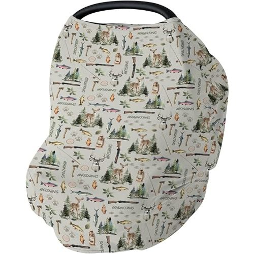 Fishing Hunting Car Seat Cover for Babies Bass Fish Deer Paws Green Forest Stretchy 5-in-1 Cover Adjustable Car Canopy Breastfeeding Cover Nature Hunting Animals Breathable Nursing Cover-Up