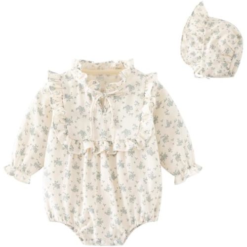 Baby Girl Long Sleeve Vintage Print Romper & Hat Newborn Outfit Set, Infant Spring Autumn Clothes Baby Girl Photoshoot Outfit
