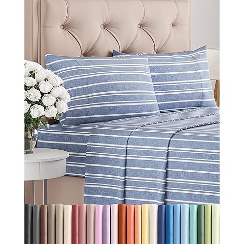 Queen Size 4 Piece Sheet Set - Comfy Breathable & Cooling Sheets - Hotel Luxury Bed Sheets for Women & Men - Deep Pockets, Easy-Fit, Soft & Wrinkle Free Sheets - Blue Stripes Oeko-Tex Bed Sheet Set