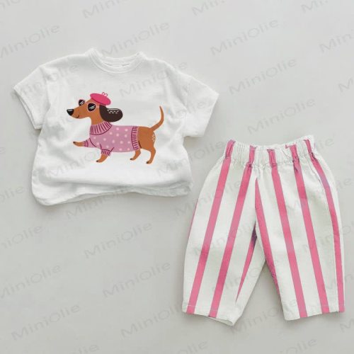 Baby Girl Daschund Pink Vertical Striped 2-piece Set