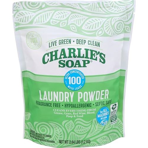 Charlie’s Soap Laundry Powder (100 Loads, 1 Pack) Fragrance Free Hypoallergenic Deep Cleaning Laundry Powder – Biodegradable Eco Friendly Sustainable Laundry Detergent