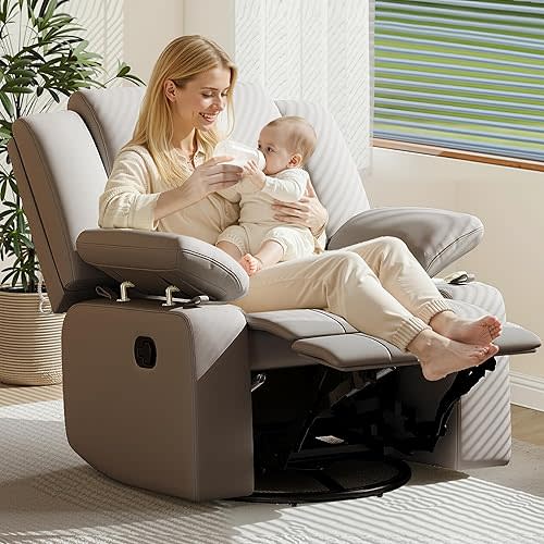 AILEEKISS Rocking Chair Nursery Swivel Recliner Glider Chair with Adjustable Armrests,Headrest Rocker Nursing Chair for Breastfeeding Comfy Upholstered Living Room Reclining Chairs for Bedroom(Grey)