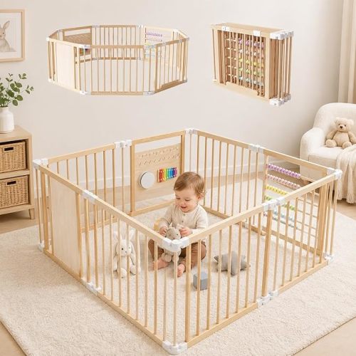 Wooden Baby Playpen, Foldable Baby Safety Fence, 10 Panels