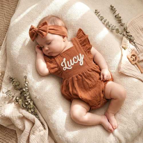 Custom Name Baby Girl Romper, Embroidered Muslin Bubble Outfit, Organic Cotton Linen Clothes, First Birthday Outfit, Baby Gift