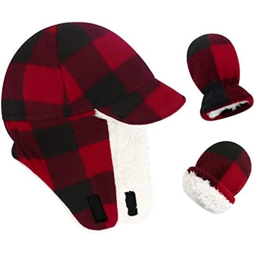 Olreco Toddler Winter Hat and Mittens - Baby Boy & Girl Earflap Sherpa Hats for Cold Weather