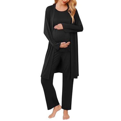 Ekouaer Maternity Pajamas Nursing Robe Set 3 Pieces Post Partum Lounge Sets | Nursing Pajamas for Women Breastfeeding, Maternity Postpartum Robe for Hospital Pjs Outfit for Mom After Birth