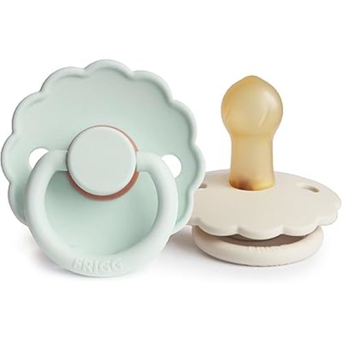 FRIGG Daisy Natural Rubber Baby Pacifier | Made in Denmark | BPA-Free (Seafoam/Cream, 0-6 Months) 2-Pack