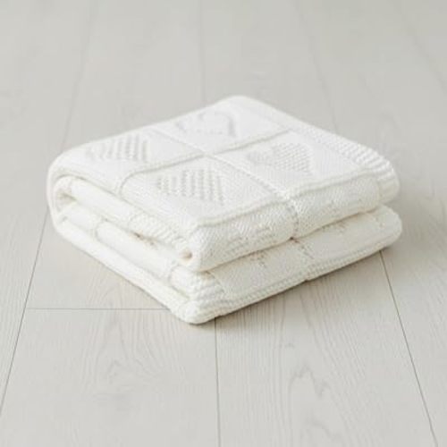 Baby Knit Cotton Blanket White Heart Pattern Soft Breathable Throw for Crib Or Stroller Nursery Gift Baby Shower Birthday Christmas Size 30x30