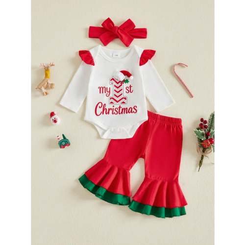 Baby Girls Christmas Outfit Letters Print Romper With Plaid Pants Headband
