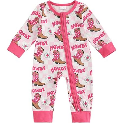 BULINGNA Western Baby Girl Fall Clothes Cowgirl Boot Floral Print Boot Romper Zipper One Piece Jumpsuit Cute Newborn Outfits