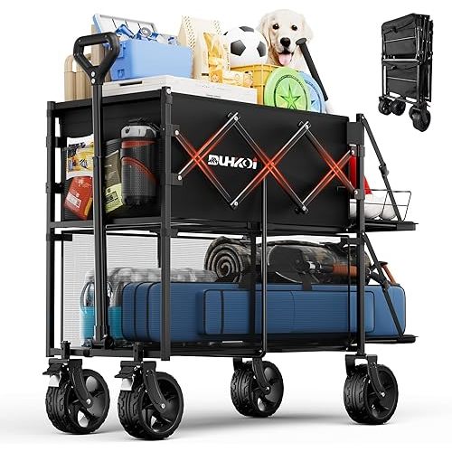 Double Decker Wagon 320L Large Capacity 400LBS Collapsible Sports Utility Cart with Big Wheels,Double Extended Tailgate Heavy Duty Folding Wagon Cart for Groceries,Camping,Beach,Garden,Outdoor