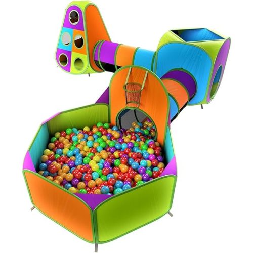 Playz 5-Piece Kids Pop up Play Tent Crawl Tunnel and Ball Pit with Basketball Hoop Playhouse for Boys, Girls, Babies, and Toddlers (Purple, Orange, Yellow, Red, Blue)
