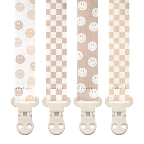 Stadela Baby Pacifier Clip Holder - Girl or Boy Unisex 4 Pack Gift Set - Retro Checker and Smiley Faces Design