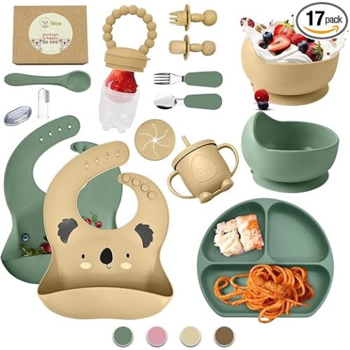 O'doe 17-Piece BPA-Free Silicone Baby Feeding Set | Thick & Soft Suction Plates, Baby Bowls, Wooden Fork & Spoon, and More | Make Mealtime Fun and Easy for Your Little One (Beige and Green, V3)