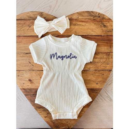 Baby girl ribbed romper with hand embroidered name, hand embroidered name romper, custom name bodysuit, personalized baby girl name romper