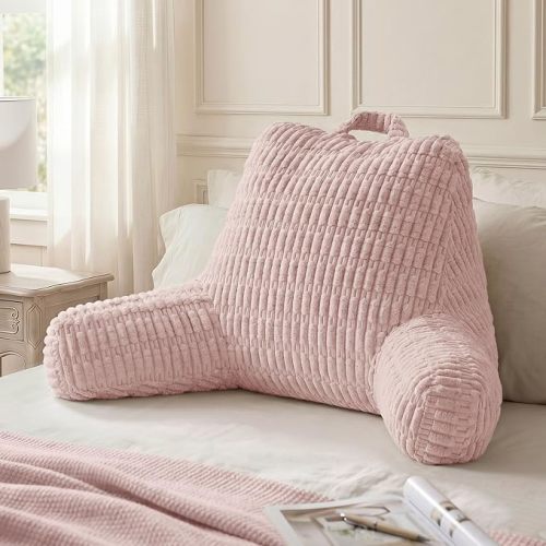Blissful Diary Reading Pillow, Backrest Pillow with Shredded Memory Foam for Adult & Children, Designed for Bed and Couch Sitting Up, Includes Arms, Pockets and Washable Cover, Off White