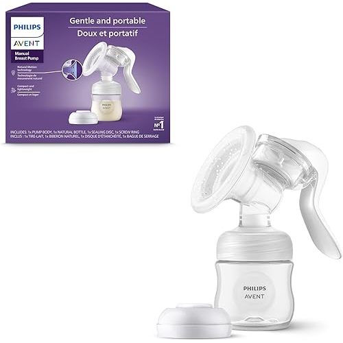 Philips Avent Manual Breast Pump, Easy Pumping with Natural Motion Technology, Silicone Cushion, 4oz Natural Bottle, Sealing Disc, Screw Ring, Transparent, Model SCF430/03