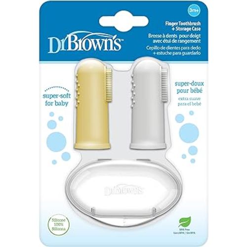 Dr. Brown's Silicone Finger Toothbrush for Baby with Travel-Storage Case, 3m+, Gray and Yellow, 2-Pack