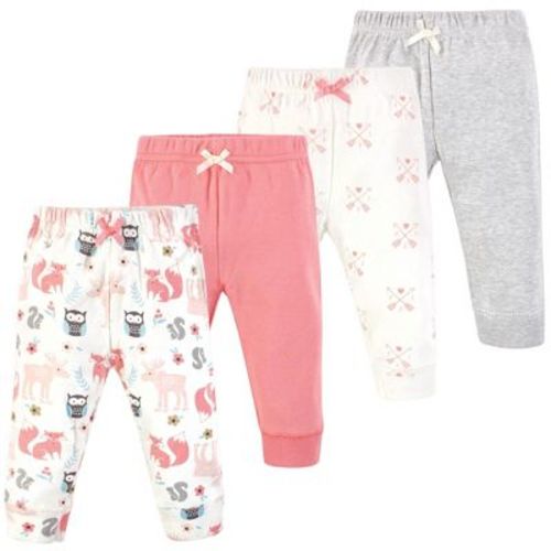 Hudson Baby Basics Infant Girl Comfy Cotton Pants 4-Pack, Woodland Bloom, 0-3 Months