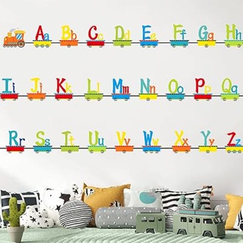 Wall Decals Peel and Stick for Boys Girls - Colorful Train Letter Wall Stickers, Vinyl for Bedroom Classroom