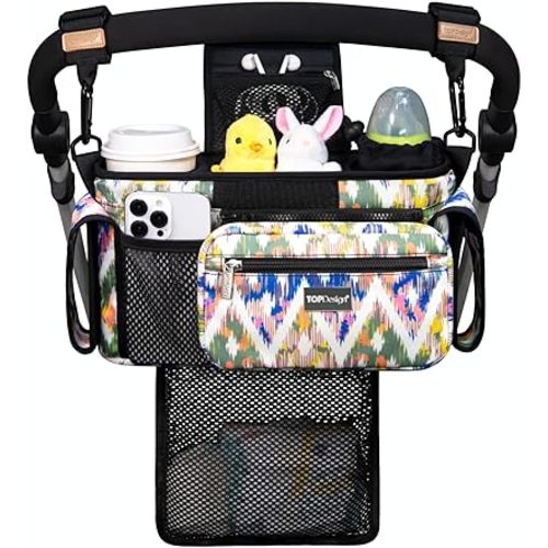 TOPDesign Universal Baby Stroller Organizer Caddy with Detachable Mesh Bag & Heightened Insulated Cup Holders & Non-Slip Secure Hooks Accessories, Fits Most Strollers (Colorful)