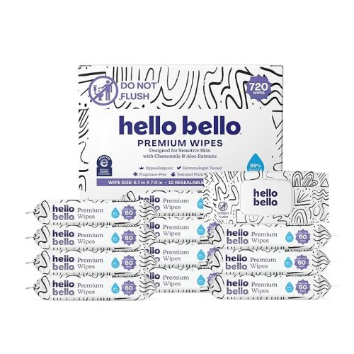 Hello Bello Premium Wipes, Designed for Sensitive Skin with Chamomile & Aloe Extracts, Playful Sketches (12 Resealable Packets = 720 Total Wipes)