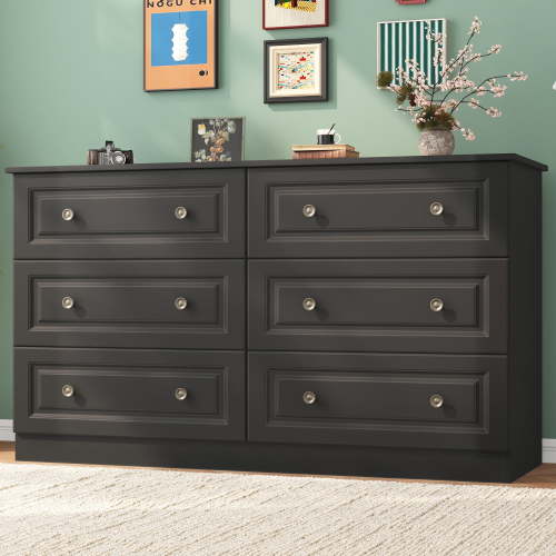 NEGYLIM 6-Drawer Black Dresser, 47-inch Wide Chest for Bedroom Storage, Farmhouse Style with Anti-Tip Safety