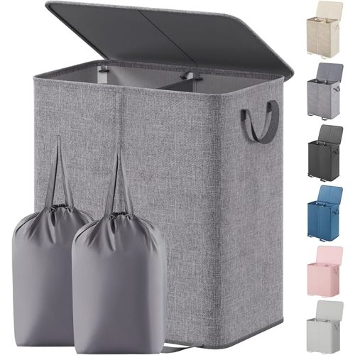 Lifewit Double Laundry Hamper with Lid and Removable Laundry Bags, Large Collapsible 2 Dividers Dirty Clothes Basket with Handles for Bedroom, Laundry Room, Closet, Bathroom, College, 136L Gray