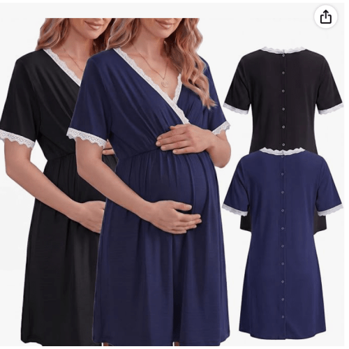 Cutecrop 2 Pack Labor and Delivery Gown for Hospital Maternity Nursing Button Back Gown Short Sleeve Breastfeeding Dress - Black & Navy Blue