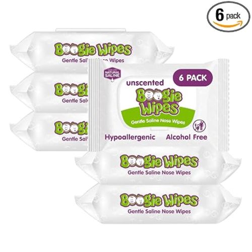 Boogie Wipes Gentle Saline Nose Wipes - 180 Count - Unscented, Hypoallergenic & Alcohol-Free - Made with Natural Saline, Aloe, Chamomile & Vitamin E - Diaper Bag Essential
